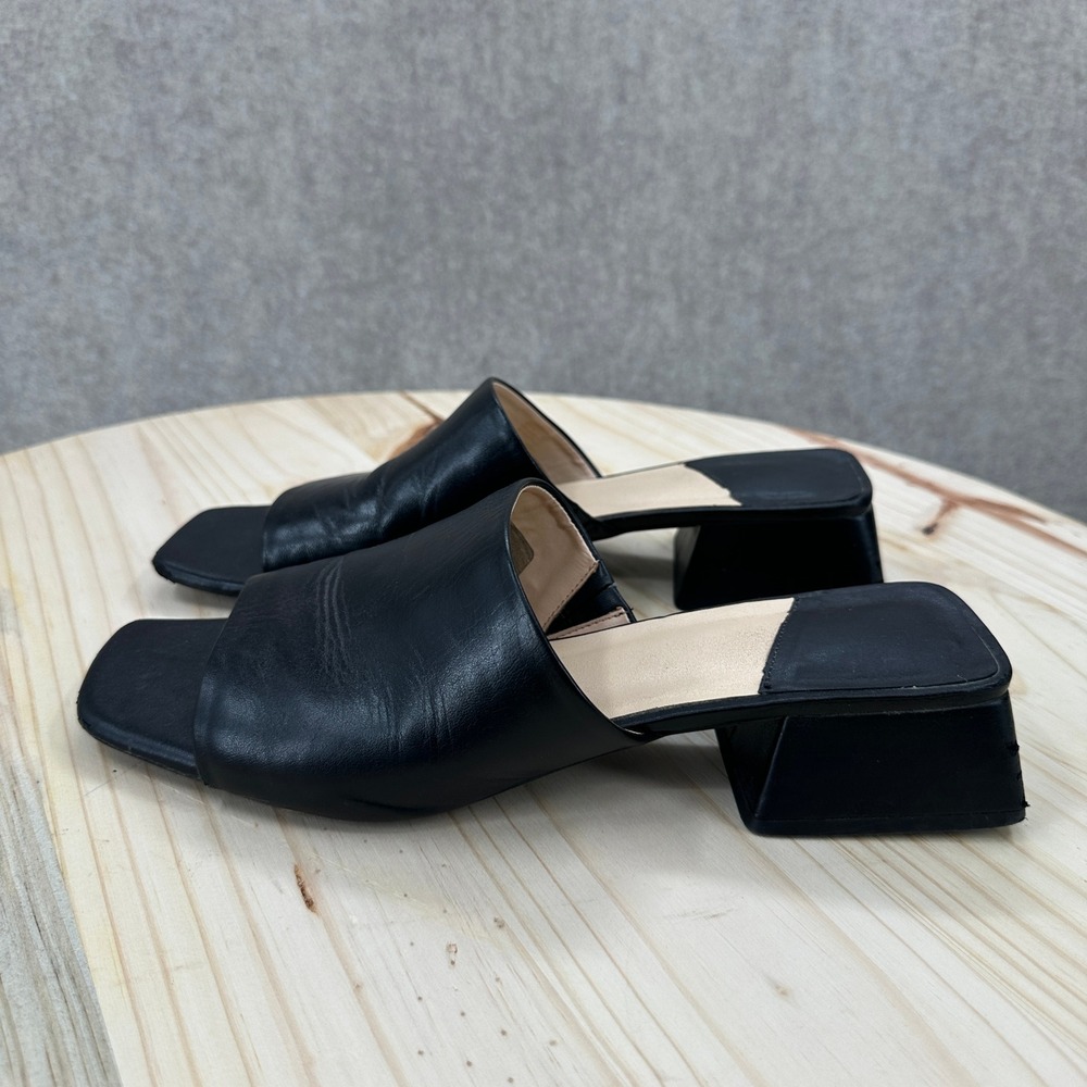 Y2K Sandals Womens 10M Black Leather Square Toe Low Block Heel Mules